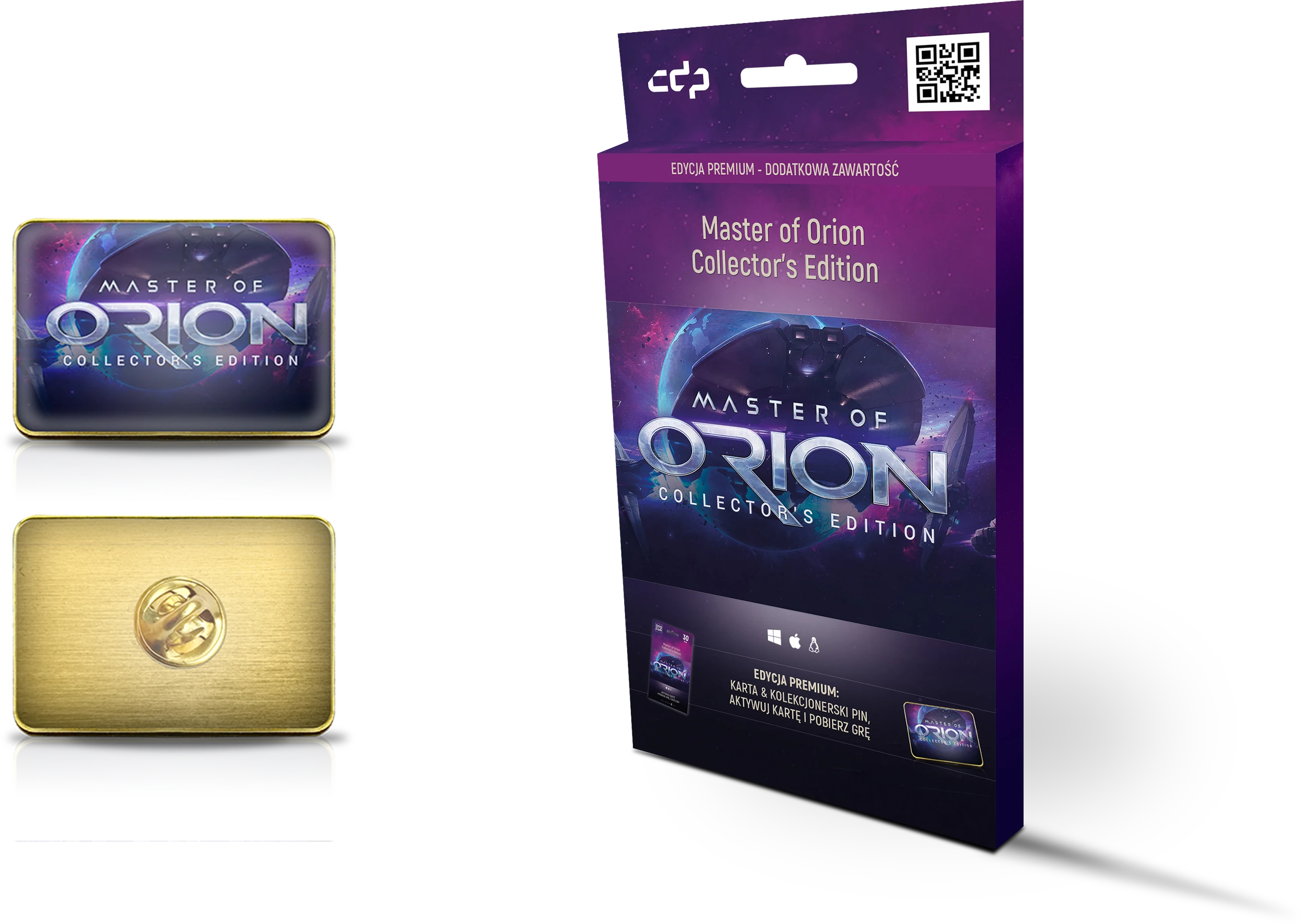 Pin kolekcjonerski Master of Orion (awers i rewers) oraz opakowanie Collector's Edition